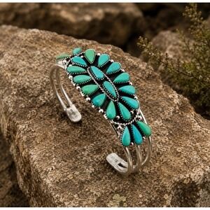 Turquoise Stone Cluster Cuff Bracelet - Silver Tone
